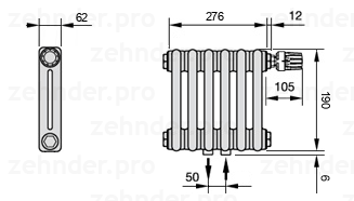 Схема (чертеж) Радиатор Zehnder Charleston 2019/6 №V008 Белый глянцевый RAL 9016